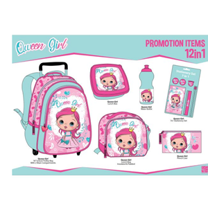 ست 12 در 1 کوله پشتی چرخدار46 سانتی مدل  Trolly Bag - Promotion Items 12 in 1 - Queen Girl